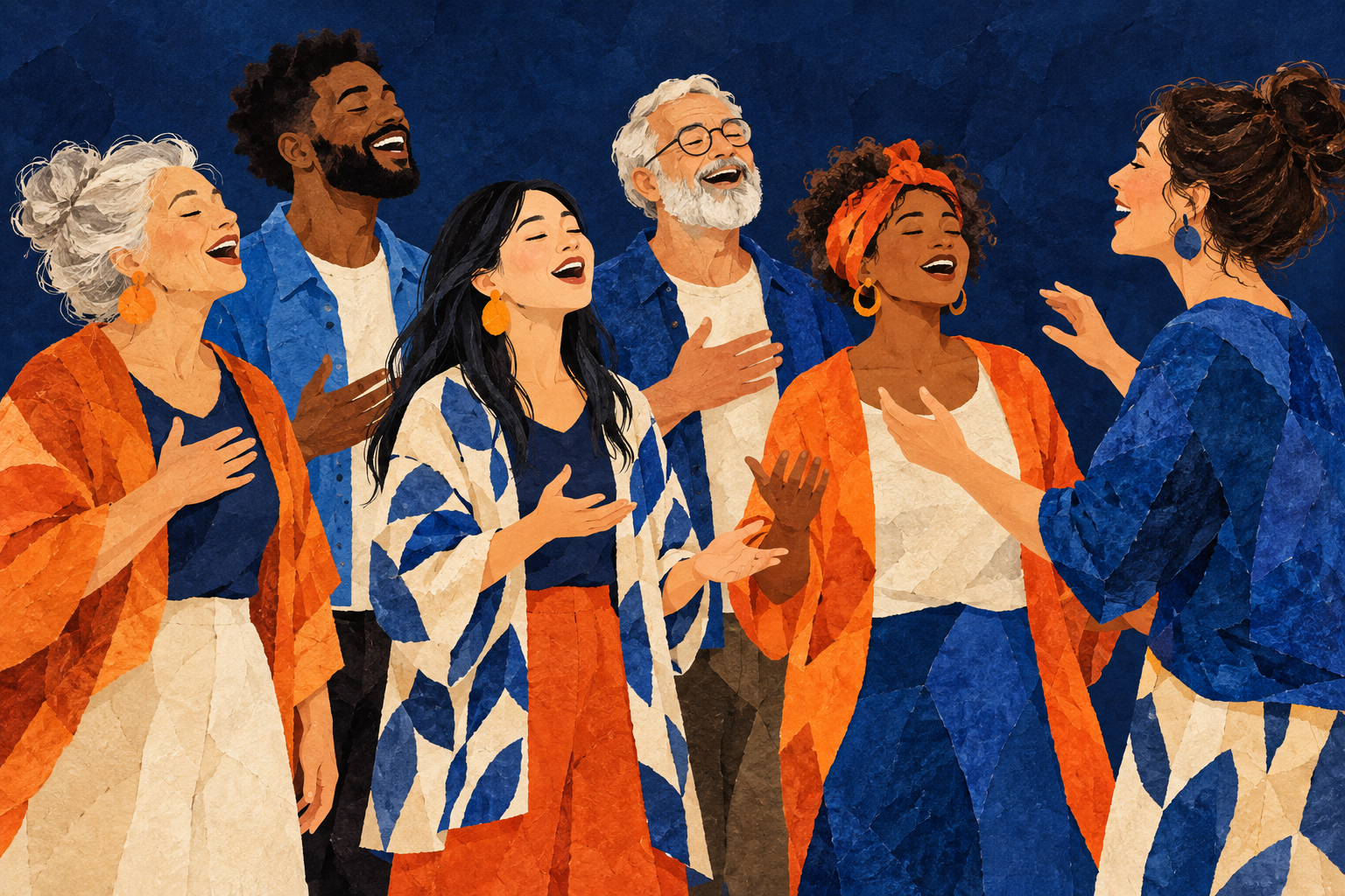 Colourful illustration of adults singing together in a workshop